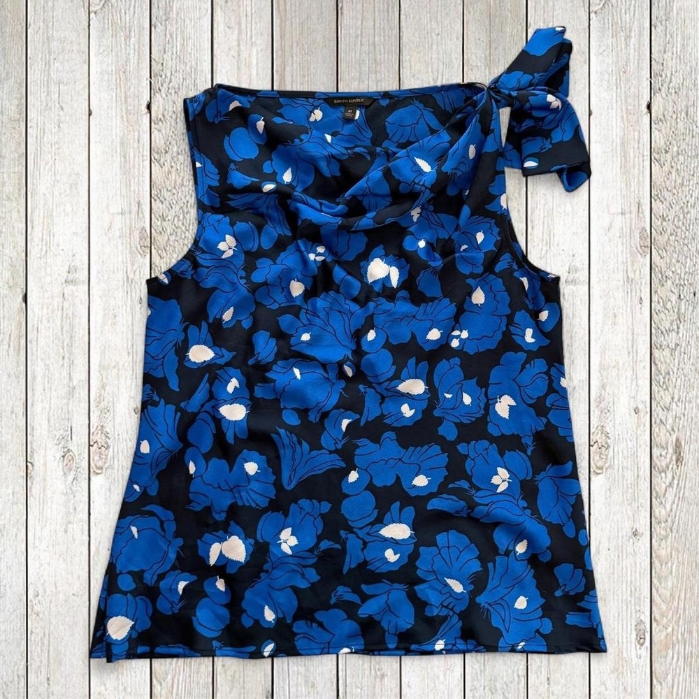Banana Republic Blue Floral Cowl Neck Bow Blouse Size Medium